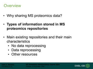 Juan A. Vizcaíno
juan@ebi.ac.uk
WT Proteomics Bioinformatics Course 2016
Hinxton, 8 December 2016
• Why sharing MS proteomics data?
• Types of information stored in MS
proteomics repositories
• Main existing repositories and their main
characteristics
• No data reprocessing
• Data reprocessing
• Other resources
Overview
 