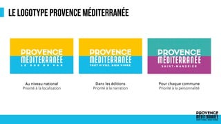 LE LOGOTYPE PROVENCE MÉDITERRANÉE
Au niveau national
Priorité à la localisation
Dans les éditions
Priorité à la narration
Pour chaque commune
Priorité à la personnalité
 