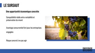 LE SURSAUT
● Compatibilité réelle entre rentabilité et
préservation du vivant
● Avantage concurrentiel fort pour les entreprises
engagées
● Risque concret à ne pas agir
Une opportunité économique concrète
 
