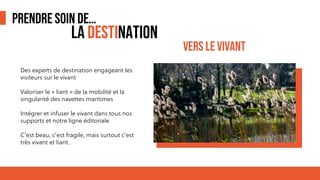 PRENDRE SOIN DE…
Des experts de destination engageant les
visiteurs sur le vivant
Valoriser le « liant » de la mobilité et la
singularité des navettes maritimes
Intégrer et infuser le vivant dans tous nos
supports et notre ligne éditoriale
C’est beau, c’est fragile, mais surtout c’est
très vivant et liant.
LA DESTINATION
VERS LE VIVANT
 