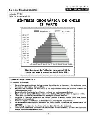 C u r s o: Ciencias Sociales

Material Nº 02
Guía de Materia Nº 01

        SÍNTESIS GEOGRÁFICA DE CHILE
                  II PARTE




                  Distribución de la Población estimada al 30 de
                   Junio, por sexo y grupos de edad. País 2001.



 APRENDIZAJES ESPERADOS
 El alumno o alumna:
      Conoce las características de los censos de población y vivienda, y los entiende como
      fuentes de información demográfica.
      Reconoce la natalidad, la mortalidad y las migraciones como los grandes factores de
      cambio Demográfico.
      Conoce la distribución de la población regional por sectores económicos.
      Opina sobre la desigualdad socio-económica de la población, y valora la equidad social.
      Conoce las características del proceso de regionalización en Chile.
      Entiende el concepto geográfico de región y define la propia región como una unidad
      político-administrativa.
      Distingue tipos y tamaños de ciudades (ciudad, metrópolis, megalópolis).
      Entiende las diferenciaciones en el uso del suelo urbano y la formación de barrios en las
      ciudades.
      Identifica y compara las funciones urbanas de determinadas ciudades.
      Conoce los problemas asociados al crecimiento de las ciudades, y valora las acciones
      que se emprenden para reducirlos.


                                               1
 