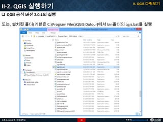 II. QGIS 다뤄보기

II-2. QGIS 실행하기
 QGIS 공식 버전 2.0.1의 실행

또는, 설치된 폴더(기본은 C:Program FilesQGIS Dufour)에서 bin폴더의 qgis.bat를 실행

오픈소스GIS교육 - 안양대학교

18

박희구(hgpark@gaia3d.com)

 