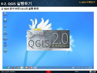 II. QGIS 다뤄보기

II-2. QGIS 실행하기
 QGIS 공식 버전 2.0.1의 실행 화면

오픈소스GIS교육 - 안양대학교

19

박희구(hgpark@gaia3d.com)

 