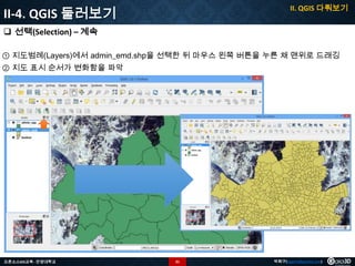 II. QGIS 다뤄보기

II-4. QGIS 둘러보기
 선택(Selection) – 계속

① 지도범례(Layers)에서 admin_emd.shp을 선택한 뒤 마우스 왼쪽 버튼을 누른 채 맨위로 드래깅
② 지도 표시 순서가 변화함을 파악

오픈소스GIS교육 - 안양대학교

31

박희구(hgpark@gaia3d.com)

 