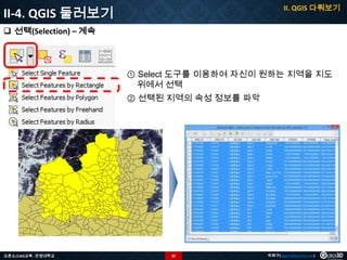 II. QGIS 다뤄보기

II-4. QGIS 둘러보기
 선택(Selection) – 계속

① Select 도구를 이용하여 자신이 원하는 지역을 지도
위에서 선택
② 선택된 지역의 속성 정보를 파악

오픈소스GIS교육 - 안양대학교

32

박희구(hgpark@gaia3d.com)

 