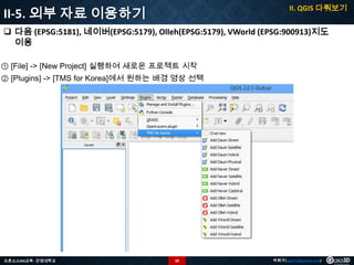 II. QGIS 다뤄보기

II-5. 외부 자료 이용하기

 다음 (EPSG:5181), 네이버(EPSG:5179), Olleh(EPSG:5179), VWorld (EPSG:900913)지도
이용
① [File] -> [New Project] 실행하여 새로운 프로젝트 시작
② [Plugins] -> [TMS for Korea]에서 원하는 배경 영상 선택

오픈소스GIS교육 - 안양대학교

38

박희구(hgpark@gaia3d.com)

 