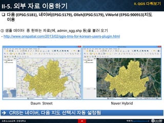 II. QGIS 다뤄보기

II-5. 외부 자료 이용하기

 다음 (EPSG:5181), 네이버(EPSG:5179), Olleh(EPSG:5179), VWorld (EPSG:900913)지도
이용
③ 샘플 데이터 중 원하는 자료(예, admin_sgg.shp 등)을 불러 오기
- http://www.onspatial.com/2013/02/qgis-tms-for-korean-users-plugin.html

Daum Street

Naver Hybrid

 CRS는 네이버, 다음 지도 선택시 자동 설정됨
오픈소스GIS교육 - 안양대학교

39

박희구(hgpark@gaia3d.com)

 