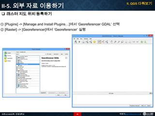 II. QGIS 다뤄보기

II-5. 외부 자료 이용하기
 래스터 지도 위치 등록하기
① [Plugins] -> [Manage and Install Plugins…]에서 ‘Georeferencer GDAL’ 선택
② [Raster] -> [Georeferencer]에서 ‘Georeferencer’ 실행

오픈소스GIS교육 - 안양대학교

41

박희구(hgpark@gaia3d.com)

 