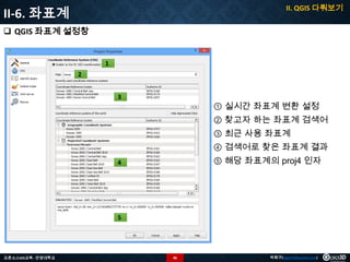 II. QGIS 다뤄보기

II-6. 좌표계
 QGIS 좌표계 설정창

1
2
3

① 실시간 좌표계 변환 설정
② 찾고자 하는 좌표계 검색어
③ 최근 사용 좌표계
④ 검색어로 찾은 좌표계 결과
⑤ 해당 좌표계의 proj4 인자

4

5

오픈소스GIS교육 - 안양대학교

46

박희구(hgpark@gaia3d.com)

 
