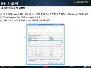 II. QGIS 다뤄보기

II-6. 좌표계
 레이어 좌표계 설정법

① [지도 범례(Layers)]에서 해당 레이어 선택 후 마우스 오른쪽 버튼 클릭 -> [Set Layers SRS] 실행
② 또는 [Layer] -> [Set CRS of Layer(s)] 실행
③ 이후 좌표계 설정 창에서 원하는 좌표계 선택 후 설정

오픈소스GIS교육 - 안양대학교

47

박희구(hgpark@gaia3d.com)

 