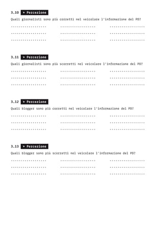 3.10 s Percezione
Quali giornalisti sono più corretti nel veicolare l’informazione del PD?
..................		 ..................		 ..................	
..................		 ..................		 ..................
..................		 ..................		 ..................
3.11 s Percezione
Quali giornalisti sono più scorretti nel veicolare l’informazione del PD?
..................		 ..................		 ..................	
..................		 ..................		 ..................
..................		 ..................		 ..................
3.12 s Percezione
Quali blogger sono più corretti nel veicolare l’informazione del PD?
..................		 ..................		 ..................	
..................		 ..................		 ..................
..................		 ..................		 ..................
3.13 s Percezione
Quali blogger sono più scorretti nel veicolare l’informazione del PD?
..................		 ..................		 ..................	
..................		 ..................		 ..................
..................		 ..................		 ..................
 