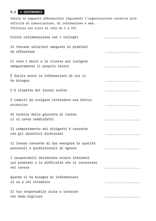 5.1 s GOVERNANCE
Valuta le seguenti affermazioni riguardati l’organizzazione relativa alle
attività di comunicazione, di informazione e web.
(Utilizza una scala di voto da 1 a 10).
	
Esiste collaborazione con i colleghi 			 ...................	
Si trovano soluzioni adeguate ai problemi
da affrontare 								...................
Ci sono i mezzi e le risorse per svolgere
adeguatamente il proprio lavoro 				 ...................
È facile avere le informazioni di cui si
ha bisogno 								...................
C’è rispetto del lavoro svolto 				 ...................
I compiti da svolgere richiedono una fatica
eccessiva 								...................
Al termine della giornata di lavoro
ci si sente soddisfatti 						 ...................
Il comportamento dei dirigenti è coerente
con gli obiettivi dichiarati 					 ...................
Il lavoro consente di far emergere le qualità
personali e professionali di ognuno 			 ...................
I responsabili desiderano essere informati
sui problemi e le difficoltà che si incontrano
nel lavoro 								...................
Quando si ha bisogno di informazioni
si sa a chi chiederle 						 ...................
Il tuo responsabile aiuta a lavorare
nel modo migliore 							...................
 