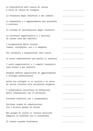 La flessibilità dell’orario di lavoro
è utile al lavoro da svolgere 				 ...................	
La chiarezza degli obiettivi e dei compiti 		 ...................
La formazione e l’aggiornamento del personale
è continua 								...................
Il sistema di distribuzione degli incentivi 		 ...................
La struttura organizzativa o i processi
di lavoro sono ben definiti 					 ...................
L’assegnazione delle risorse
(umane, economiche, ecc.) è adeguata 			 ...................
Gli strumenti a disposizione sono scarsi 		 ...................
Si prova soddisfazione per quello si realizza 	 ...................
I ruoli organizzativi e i compiti lavorativi
sono chiari e ben definiti 					 ...................
Vengono offerte opportunità di aggiornamento
e sviluppo professionale 					...................
Anche tra colleghi ci si ascolta e si cerca
di venire incontro alle reciproche esigenze 		 ...................
I responsabili assicurano la diffusione
delle informazioni tra il personale 			 ...................
Esistono conflitti con i responsabili 			 ...................
Esistono scambi di comunicazione
tra i diversi gruppi di lavoro 				 ...................
Nel gruppo di lavoro si trovano soluzioni
adeguate ai problemi che si presentano 			 ...................
Il lavoro assorbe totalmente 					 ...................
 