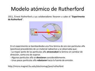 Modelo atómico de Rutherford
1911, Ernest Rutherford y sus colaboradores llevaron a cabo el "Experimento
de Rutherford".




  En el experimento se bombardeaba una fina lámina de oro con partículas alfa
  (positivas) procedentes de un material radiactivo y se observaba que:
  - La mayor parte de las partículas alfa atravesaban la lámina sin cambiar de
  dirección, como era de esperar.
  - Algunas partículas alfa se desviaron considerablemente.
  - Unas pocas partículas alfa rebotaron hacia la fuente de emisión.

http://micro.magnet.fsu.edu/electromag/java/rutherford
 