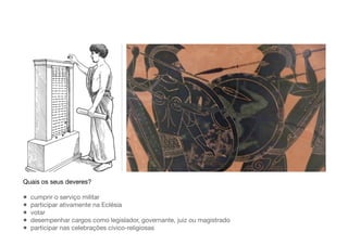 Quais os seus deveres?
• cumprir o serviço militar
• participar ativamente na Eclésia
• votar
• desempenhar cargos como legislador, governante, juiz ou magistrado
• participar nas celebrações cívico-religiosas
 