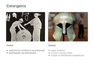 Direitos
• exercício do comércio e do artesanato
• participação nas festividades
Deveres
• pagar impostos
• cumprir o serviço militar
• custear as festividades e espetáculos
Estrangeiros
 