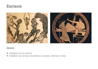 Deveres
• obedecer ao seu senhor
• trabalhar nos serviços domésticos, campos, oﬁcinas e minas
Escravos
 
