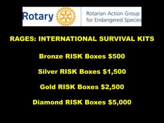 RAGES: INTERNATIONAL SURVIVAL KITS
Bronze RISK Boxes $500
Silver RISK Boxes $1,500
Gold RISK Boxes $2,500
Diamond RISK Boxes $5,000
 