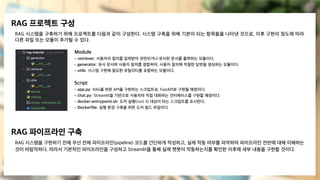 RAG 프로젝트 구성
RAG 시스템을 구축하기 위해 프로젝트를 다음과 같이 구성한다. 시스템 구축을 위해 기본이 되는 항목들을 나타낸 것으로, 이후 구현의 정도에 따라
다른 파일 또는 모듈이 추가될 수 있다.
RAG 파이프라인 구축
RAG 시스템을 구현하기 전에 우선 전체 파이프라인(pipeline) 코드를 간단하게 작성하고, 실제 작동 여부를 파악하여 파이프라인 전반에 대해 이해하는
것이 바람직하다. 따라서 기본적인 파이프라인을 구성하고 Streamlit을 통해 실제 챗봇이 작동하는지를 확인한 이후에 세부 내용을 구현할 것이다.
- retriever: 사용자의 질의를 입력받아 관련되거나 유사한 문서를 출력하는 모듈이다.
- generator: 유사 문서와 사용자 질의를 결합하여, 사용자 질의에 적절한 답변을 생성하는 모듈이다.
- utils: 시스템 구현에 필요한 유틸리티를 포함하는 모듈이다.
Module
- app.py: RAG를 위한 API를 구현하는 스크립트로, FastAPI로 구현될 예정이다.
- chat.py: Streamlit을 기반으로 사용자와 직접 대화하는 인터페이스를 구현할 예정이다.
- docker-entrypoint.sh: 도커 실행(run) 시 대상이 되는 스크립트를 표시한다.
- Dockerfile: 실행 환경 구축을 위한 도커 빌드 파일이다.
Script
 