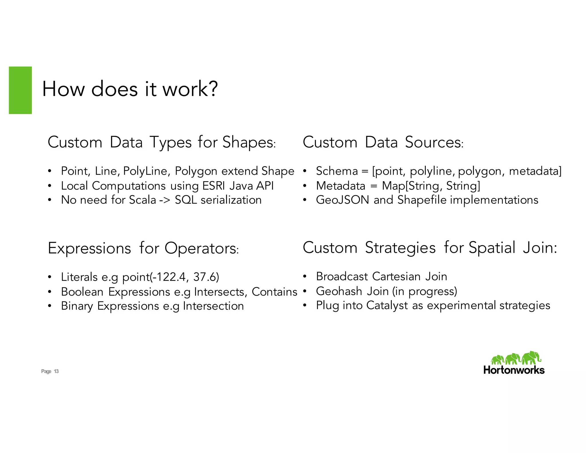 Page 13
How does it work?
Custom Data Types for Shapes:
• Point, Line, PolyLine, Polygon extend Shape
• Local Computations using ESRI Java API
• No need for Scala -> SQL serialization
Expressions for Operators:
• Literals e.g point(-122.4, 37.6)
• Boolean Expressions e.g Intersects, Contains
• Binary Expressions e.g Intersection
Custom Data Sources:
• Schema = [point, polyline, polygon, metadata]
• Metadata = Map[String, String]
• GeoJSON and Shapefile implementations
Custom Strategies for Spatial Join:
• Broadcast Cartesian Join
• Geohash Join (in progress)
• Plug into Catalyst as experimental strategies
 