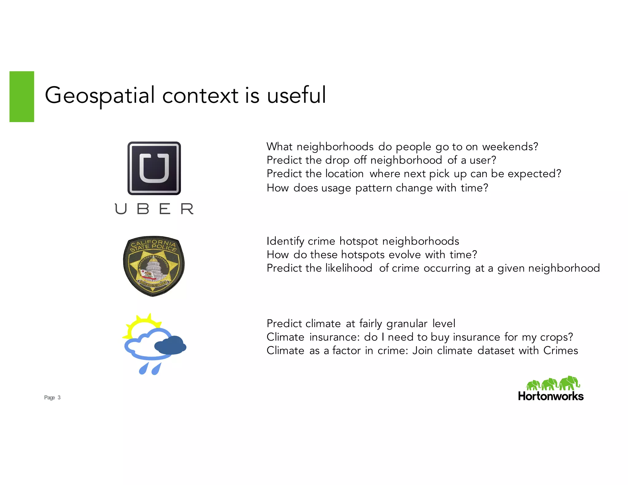 Page 3
Geospatial context is useful
What neighborhoods do people go to on weekends?
Predict the drop off neighborhood of a user?
Predict the location where next pick up can be expected?
How does usage pattern change with time?
Identify crime hotspot neighborhoods
How do these hotspots evolve with time?
Predict the likelihood of crime occurring at a given neighborhood
Predict climate at fairly granular level
Climate insurance: do I need to buy insurance for my crops?
Climate as a factor in crime: Join climate dataset with Crimes
 