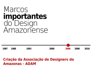 Marcos
importantes
do Design
Amazonense

1987   1988   1993      2000    2006    2008   2010



Criação da Associação de Designers do
Amazonas - ADAM
 
