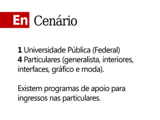 En Cenário

1 Universidade Pública (Federal)
4 Particulares (generalista, interiores,
interfaces, gráfico e moda).

Existem programas de apoio para
ingressos nas particulares.
 