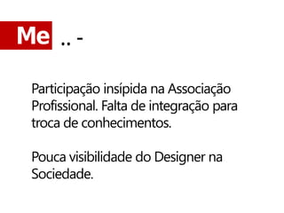 Me .. -

 Participação insípida na Associação
 Profissional. Falta de integração para
 troca de conhecimentos.

 Pouca visibilidade do Designer na
 Sociedade.
 