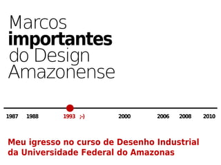 Marcos
importantes
do Design
Amazonense

1987   1988   1993 ;-)   2000   2006   2008   2010



Meu igresso no curso de Desenho Industrial
da Universidade Federal do Amazonas
 