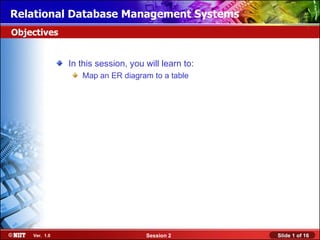 Relational Database Management Systems
Objectives


               In this session, you will learn to:
                  Map an ER diagram to a table




    Ver. 1.0                        Session 2        Slide 1 of 16
 
