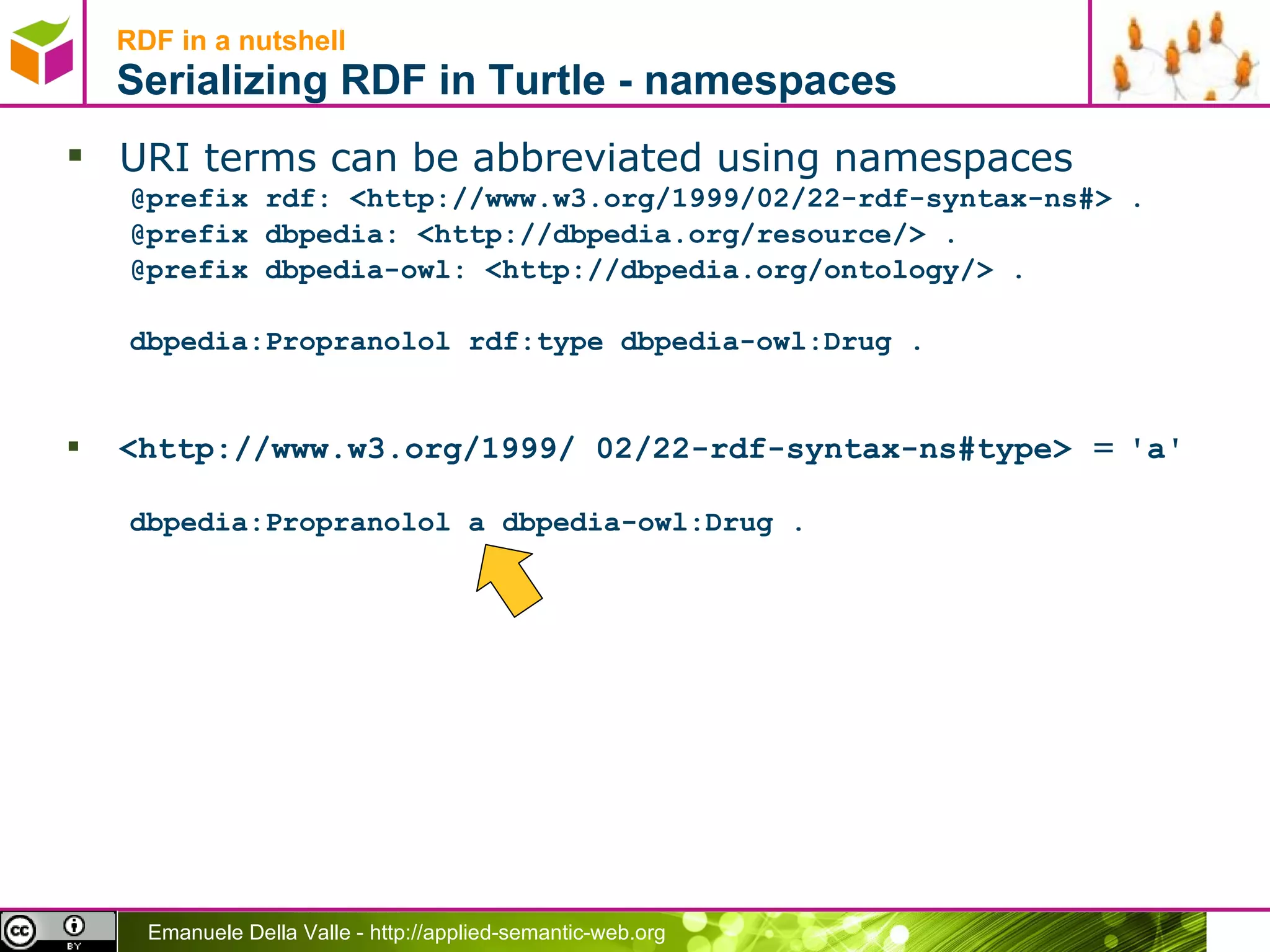 RDF in a nutshell Serializing RDF in Turtle - namespaces URI terms can be abbreviated using namespaces @prefix rdf: <http://www.w3.org/1999/02/22-rdf-syntax-ns#> . @prefix dbpedia: <http://dbpedia.org/resource/> . @prefix dbpedia-owl: <http://dbpedia.org/ontology/> . dbpedia:Propranolol rdf:type dbpedia-owl:Drug . <http://www.w3.org/1999/ 02/22-rdf-syntax-ns#type>  =  ' a ' dbpedia:Propranolol a dbpedia-owl:Drug . 