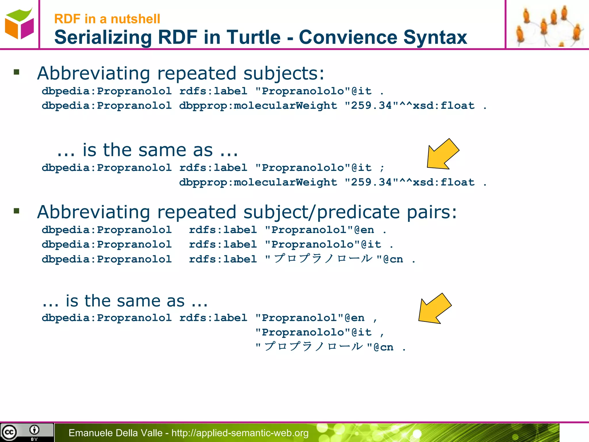 RDF in a nutshell Serializing RDF in Turtle -  Convience Syntax Abbreviating repeated subjects: dbpedia:Propranolol rdfs:label &quot;Propranololo&quot;@it .  dbpedia:Propranolol dbpprop:molecularWeight &quot;259.34&quot;^^xsd:float . ... is the same as ... dbpedia:Propranolol rdfs:label &quot;Propranololo&quot;@it ;  dbpprop:molecularWeight &quot;259.34&quot;^^xsd:float . Abbreviating repeated subject/predicate pairs: dbpedia:Propranolol rdfs:label &quot;Propranolol&quot;@en .  dbpedia:Propranolol rdfs:label &quot;Propranololo&quot;@it .  dbpedia:Propranolol rdfs:label &quot; プロプラノロール &quot;@cn . ... is the same as ... dbpedia:Propranolol rdfs:label &quot;Propranolol&quot;@en ,  &quot;Propranololo&quot;@it ,  &quot; プロプラノロール &quot;@cn . 