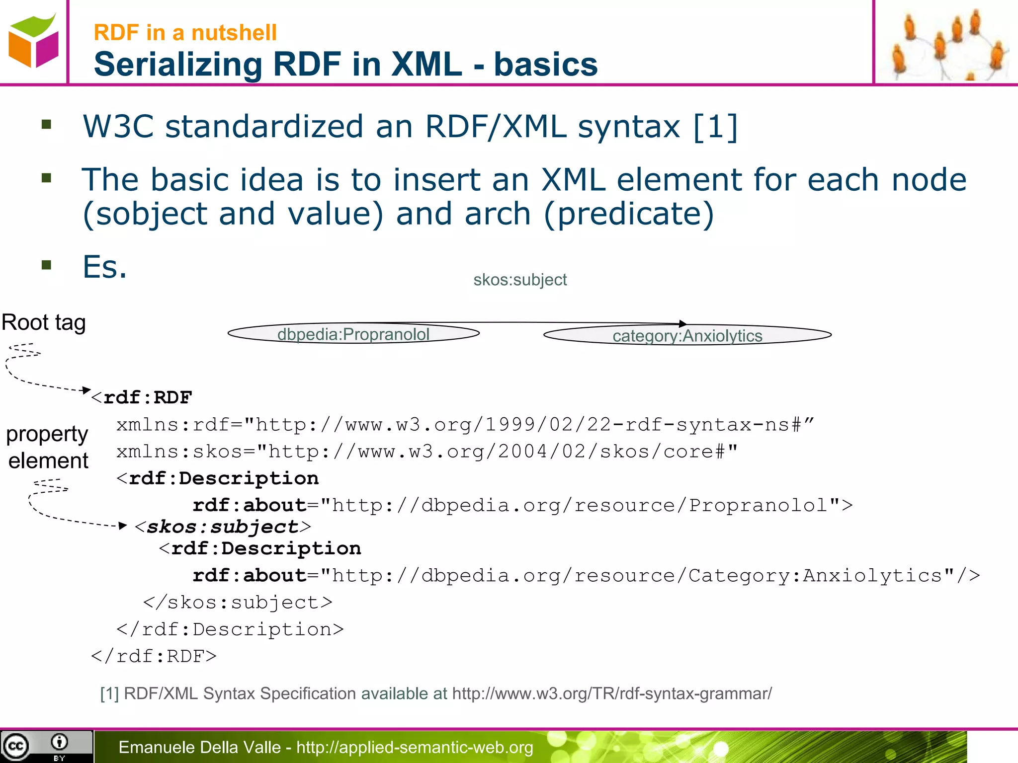 RDF in a nutshell Serializing RDF in XML - basics W3C standardized an RDF/XML syntax [1]  The basic idea is to insert an XML element for each node (sobject and value) and arch (predicate) Es. < rdf:RDF xmlns:rdf=&quot;http://www.w3.org/1999/02/22-rdf-syntax-ns#” xmlns:skos=&quot;http://www.w3.org/2004/02/skos/core#&quot; < rdf:Description   rdf:about =&quot;http://dbpedia.org/resource/Propranolol&quot;> < skos:subject >    < rdf:Description   rdf:about =&quot;http://dbpedia.org/resource/Category:Anxiolytics&quot;/> </ skos:subject > </rdf:Description> </rdf:RDF> [1]   RDF/XML Syntax Specification  available at   http://www.w3.org/TR/rdf-syntax-grammar/   dbpedia:Propranolol category:Anxiolytics skos:subject property element Root tag 