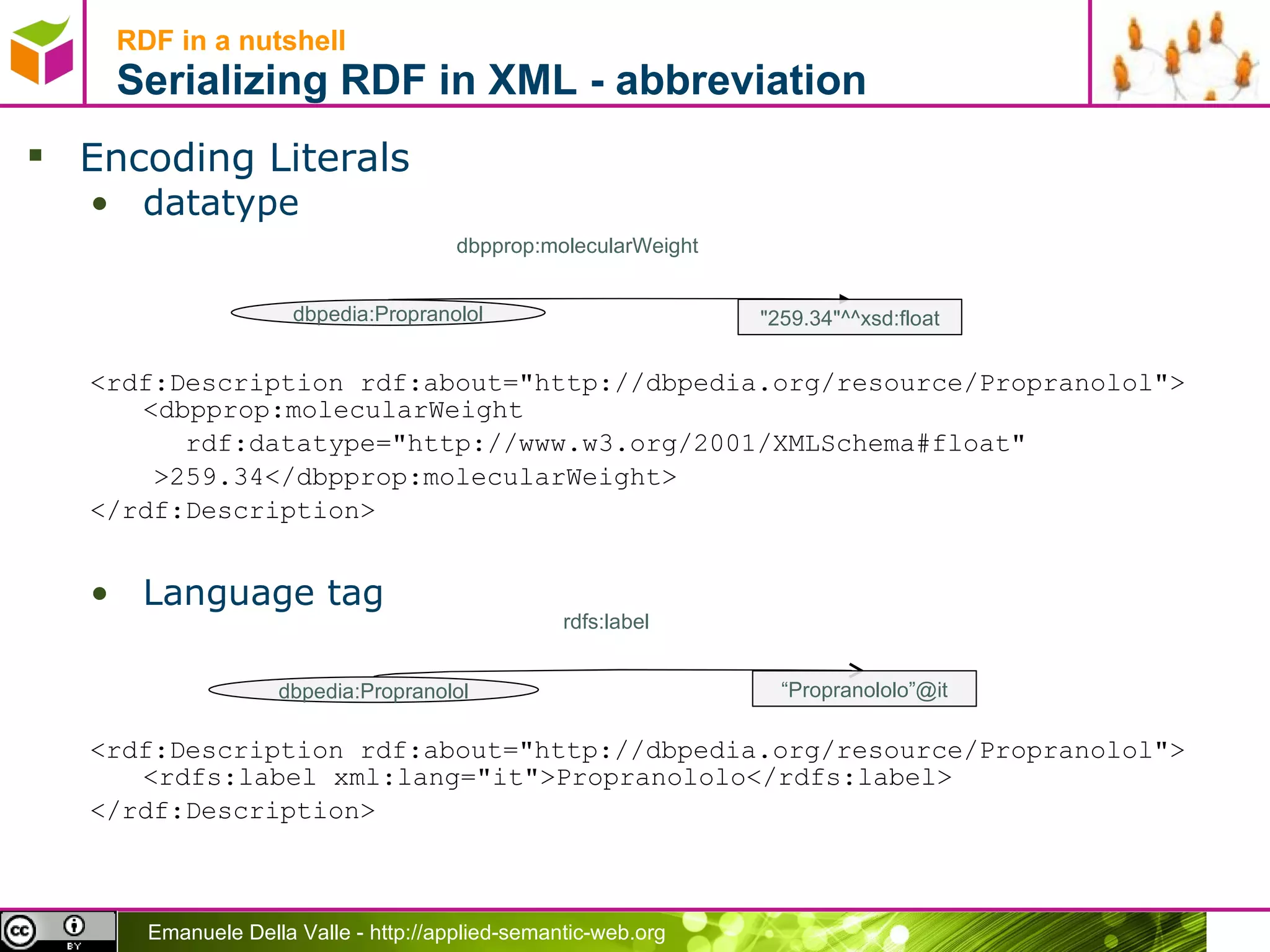 RDF in a nutshell Serializing RDF in XML - abbreviation Encoding Literals datatype <rdf:Description rdf:about=&quot;http://dbpedia.org/resource/Propranolol&quot;> <dbpprop:molecularWeight rdf:datatype=&quot;http://www.w3.org/2001/XMLSchema#float&quot;  >259.34 </dbpprop:molecularWeight > </rdf:Description> Language tag <rdf:Description rdf:about=&quot;http://dbpedia.org/resource/Propranolol&quot;> <rdfs:label xml:lang=&quot;it&quot;> Propranololo </rdfs:label > </rdf:Description> dbpedia:Propranolol dbpprop:molecularWeight dbpedia:Propranolol rdfs:label “ Propranololo”@it &quot;259.34&quot;^^xsd:float 