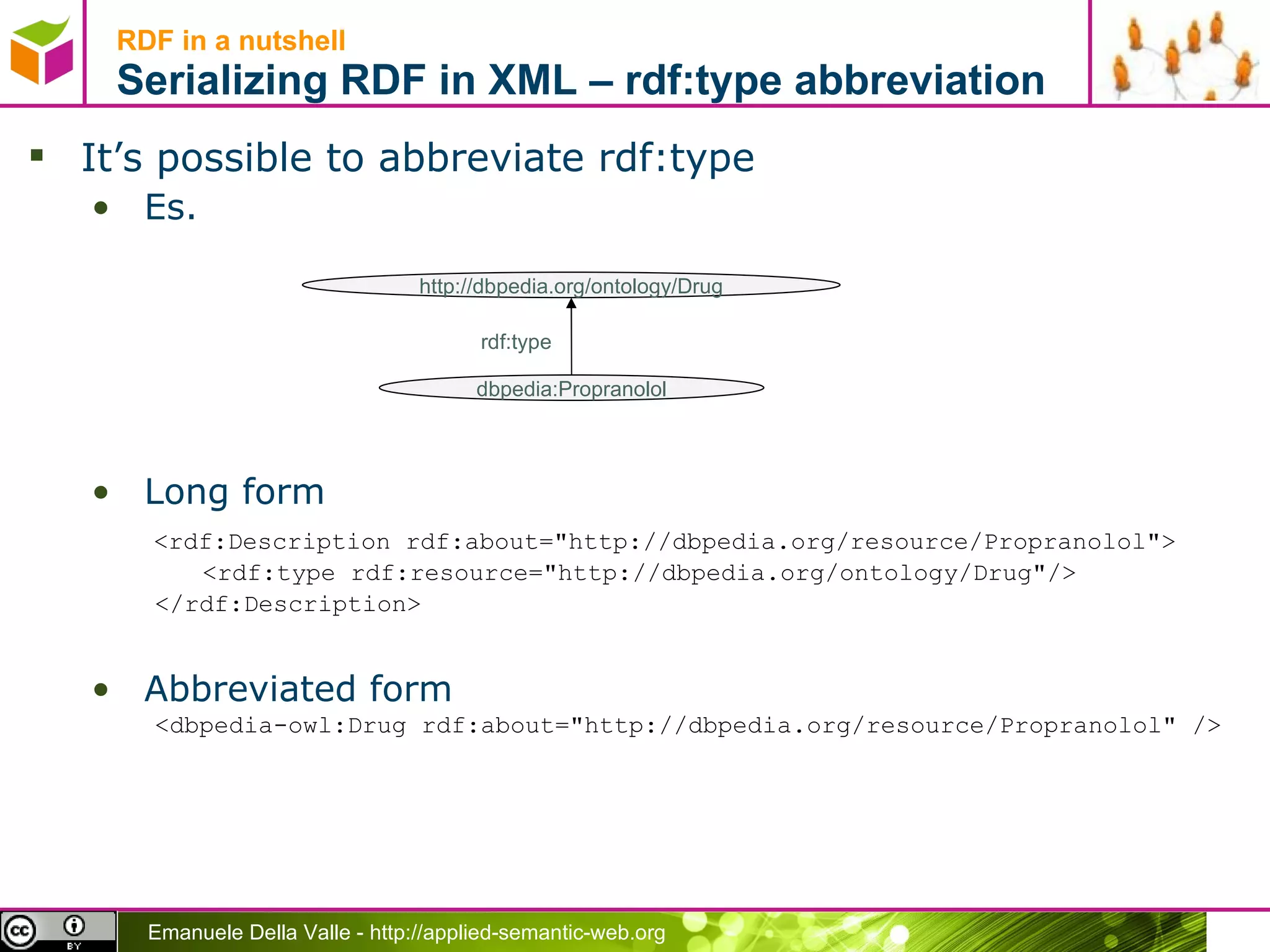 RDF in a nutshell Serializing RDF in XML – rdf:type abbreviation It’s possible to abbreviate rdf:type Es.  Long form <rdf:Description rdf:about=&quot; http://dbpedia.org/resource/Propranolol &quot;> <rdf:type rdf:resource=&quot;http://dbpedia.org/ontology/Drug&quot;/> </rdf:Description> Abbreviated form <dbpedia-owl:Drug rdf:about=&quot; http://dbpedia.org/resource/Propranolol &quot; /> dbpedia:Propranolol http://dbpedia.org/ontology/Drug rdf:type  
