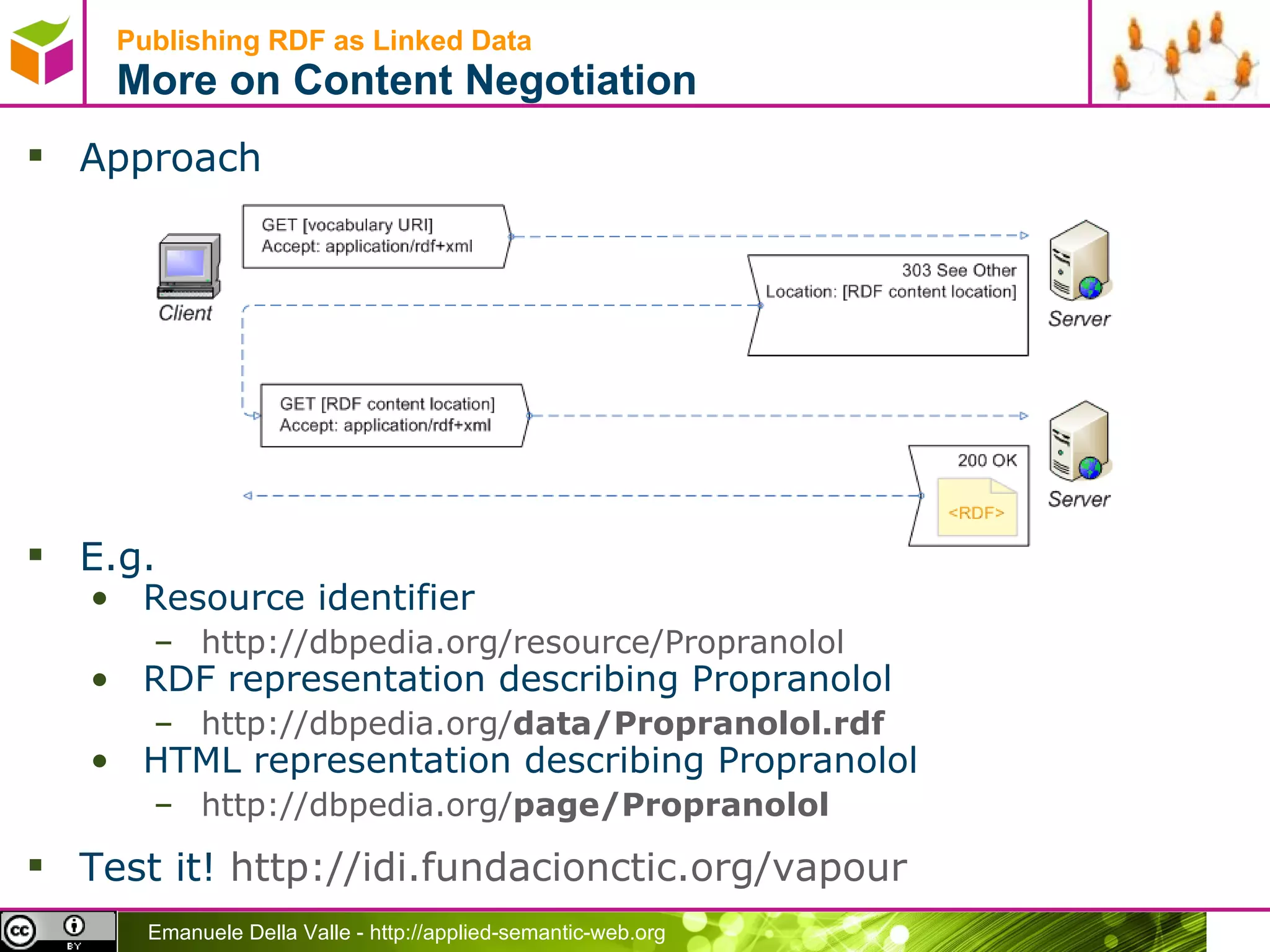 Publishing RDF as Linked Data  More on Content Negotiation Approach E.g.  Resource identifier http://dbpedia.org/resource/Propranolol   RDF representation describing Propranolol http://dbpedia.org/ data /Propranolol .rdf   HTML representation describing Propranolol http://dbpedia.org/ page /Propranolol   Test it!  http://idi.fundacionctic.org/vapour   