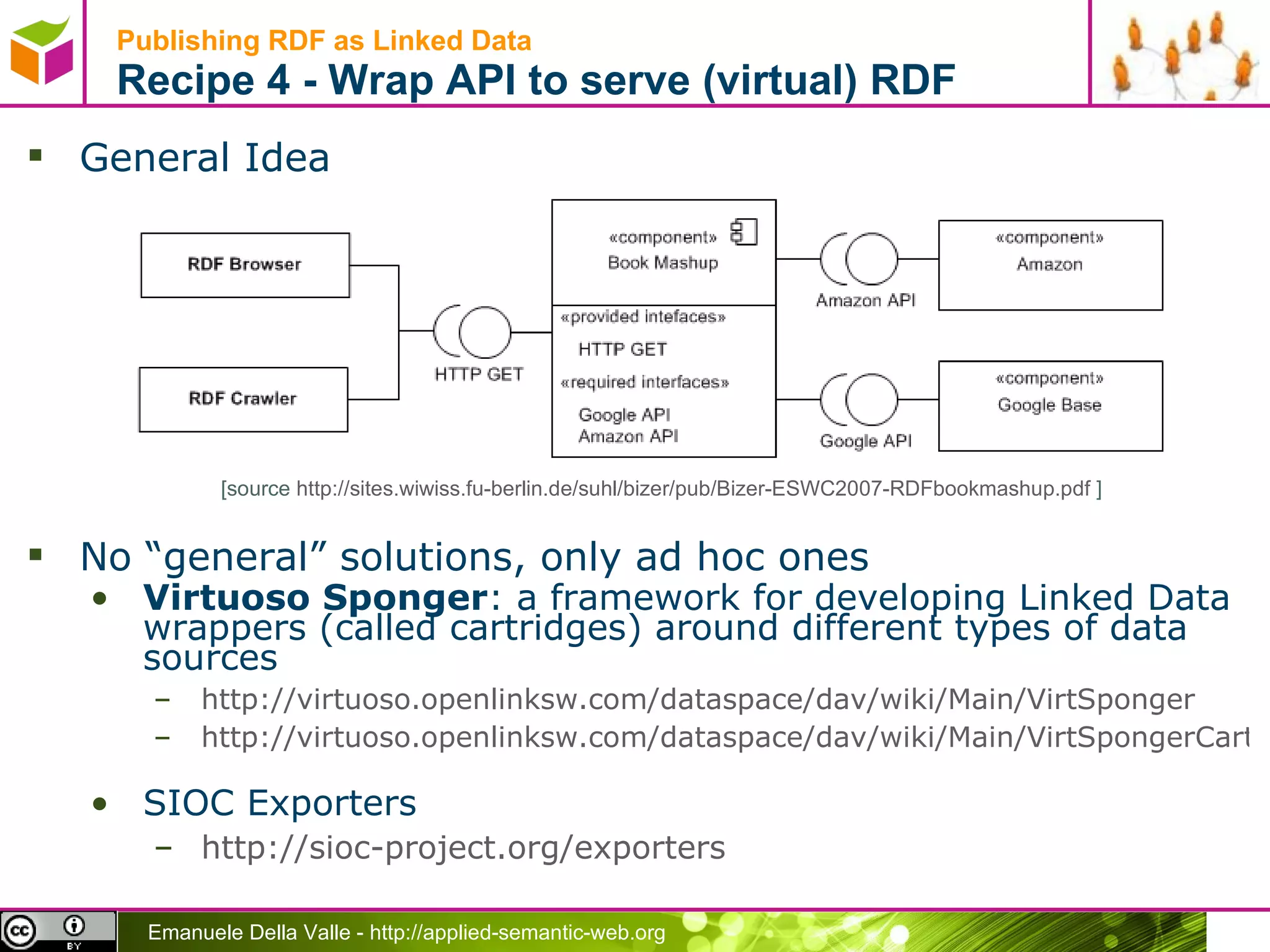 Publishing RDF as Linked Data  Recipe 4 - Wrap API to serve (virtual) RDF General Idea No “general” solutions, only ad hoc ones Virtuoso Sponger : a framework for developing Linked Data wrappers (called cartridges) around different types of data sources http://virtuoso.openlinksw.com/dataspace/dav/wiki/Main/VirtSponger http://virtuoso.openlinksw.com/dataspace/dav/wiki/Main/VirtSpongerCartridgeSupportedDataSources   SIOC Exporters http://sioc-project.org/exporters   [source  http://sites.wiwiss.fu-berlin.de/suhl/bizer/pub/Bizer-ESWC2007-RDFbookmashup.pdf  ] 