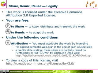 Share, Remix, Reuse — Legally This work is licensed under the Creative Commons Attribution 3.0 Unported License.  Your are free: to Share  — to copy, distribute and transmit the work to Remix  — to adapt the work Under the following conditions Attribution  — You must attribute the work by inserting “ © applied-semantic-web.org” at the end of each reused slide a credits slide stating: these slides are partially based on  “Ontologies in RDF-S/OWL” by Emanuele Della Valle  http://applied-semantic-web.org/2010/03/03_RDFS-OWL.ppt   To view a copy of this license, visit  http://creativecommons.org/licenses/by/3.0/ 