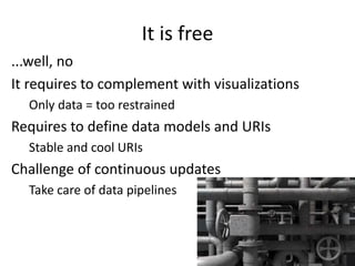 It is free
...well, no
It requires to complement with visualizations
Only data = too restrained
Requires to define data models and URIs
Stable and cool URIs
Challenge of continuous updates
Take care of data pipelines
 