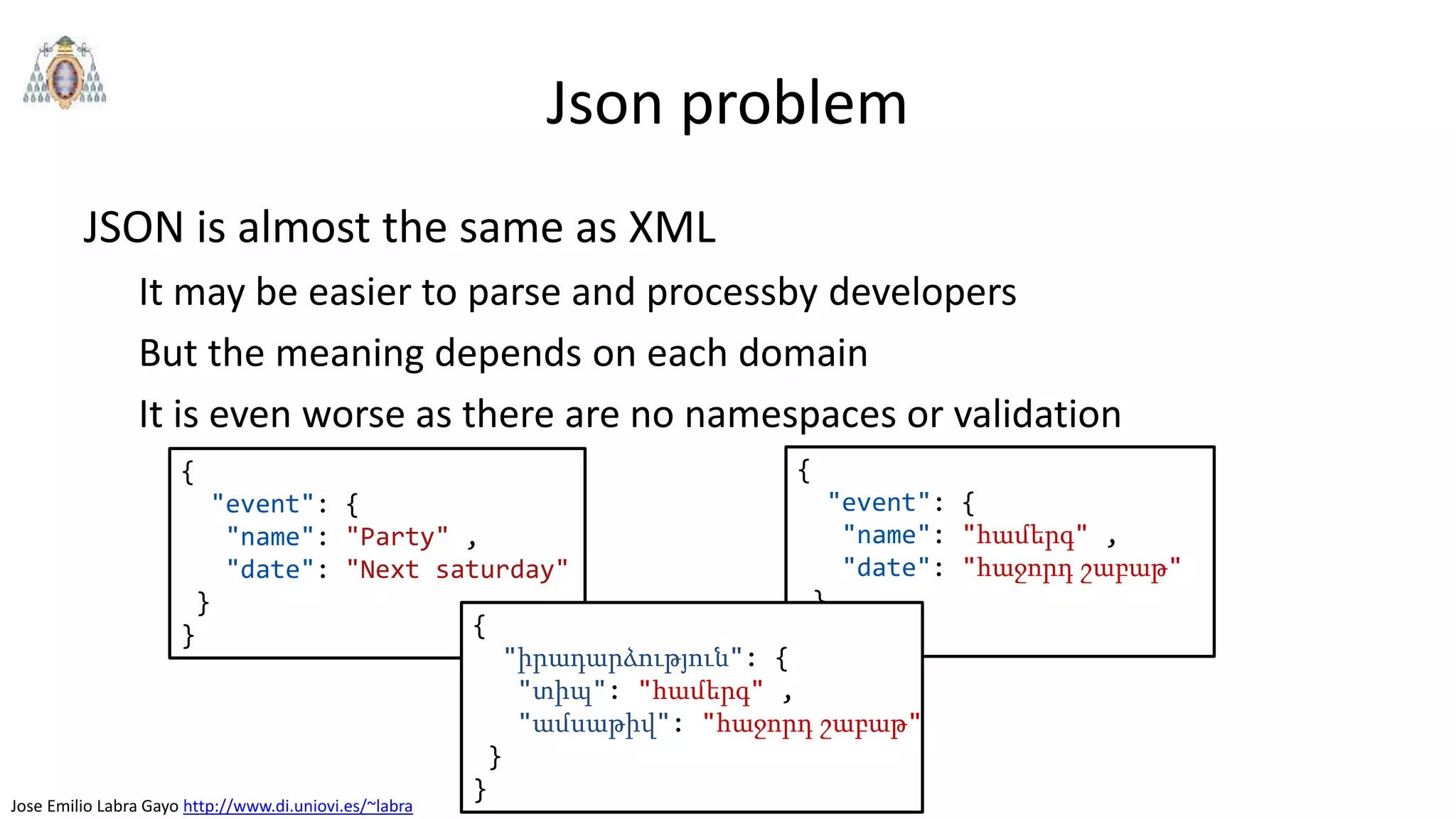 Jose Emilio Labra Gayo http://www.di.uniovi.es/~labra
Json problem
JSON is almost the same as XML
It may be easier to parse and processby developers
But the meaning depends on each domain
It is even worse as there are no namespaces or validation
{
"event": {
"name": "Party" ,
"date": "Next saturday"
}
}
{
"event": {
"name": "համերգ" ,
"date": "հաջորդ շաբաթ"
}
}{
"իրադարձություն": {
"տիպ": "համերգ" ,
"ամսաթիվ": "հաջորդ շաբաթ"
}
}
 