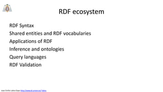 Jose Emilio Labra Gayo http://www.di.uniovi.es/~labra
RDF ecosystem
RDF Syntax
Shared entities and RDF vocabularies
Applications of RDF
Inference and ontologies
Query languages
RDF Validation
 