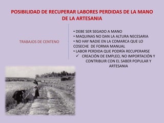 POSIBILIDAD DE RECUPERAR LABORES PERDIDAS DE LA MANO 
DE LA ARTESANIA
TRABAJOS DE CENTENO
• DEBE SER SEGADO A MANO
• MAQUINAS NO DAN LA ALTURA NECESARIA 
• NO HAY NADIE EN LA COMARCA QUE LO 
COSECHE  DE FORMA MANUAL
• LABOR PERDIDA QUE PODRÍA RECUPERARSE
 CREACIÓN DE EMPLEO, NO IMPORTACIÓN Y 
CONTRIBUIR CON EL SABER POPULAR Y 
ARTESANIA
 