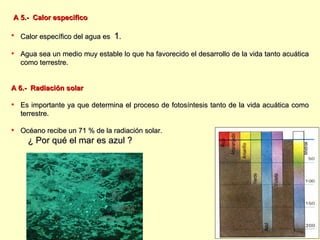 A 5.-  Calor especifico Calor específico del agua es  1 . Agua sea un medio muy estable lo que ha favorecido el desarrollo de la vida tanto acuática como terrestre. A 6.-  Radiación solar Es importante ya que determina el proceso de fotosíntesis tanto de la vida acuática como terrestre. Océano recibe un 71 % de la radiación solar.   ¿ Por qué el mar es azul ? 