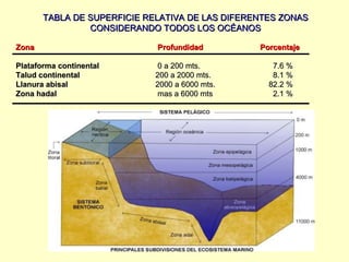 TABLA DE SUPERFICIE RELATIVA DE LAS DIFERENTES ZONAS CONSIDERANDO TODOS LOS OCÉANOS Zona     Profundidad Porcentaje Plataforma continental    0 a 200 mts.   7.6 %  Talud continental 200 a 2000 mts.   8.1 % Llanura abisal 2000 a 6000 mts.   82.2 % Zona hadal  mas a 6000 mts   2.1 % 