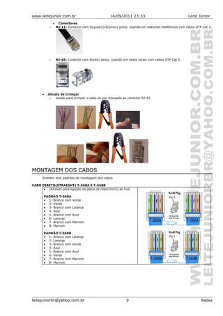 www.leitejunior.com.br 14/09/2011 23:33 Leite Júnior
• Conectores
o RJ-11: Conector com 4(quatro)/6(pinos) pinos. Usando em sistemas telefônicos com cabos UTP Cat 1.
o RJ-45: Conector com 8(oito) pinos. Usando em redes locais com cabos UTP Cat 5.
• Alicate de Crimpar
o Usado para crimpar o cabo de par-trançado ao conector RJ-45.
MONTAGEM DOS CABOS
Existem dois padrões de montagem dos cabos.
CABO DIRETO(STRAIGHT) T-568A E T-568B
• utilizado para ligação da placa de rede(micro) ao hub.
PADRÃO T-568A
• 1- Branco com Verde
• 2- Verde
• 3- Branco com Laranja
• 4- Azul
• 5- Branco com Azul
• 6- Laranja
• 7- Branco com Marrom
• 8- Marrom
PADRÃO T-568B
• 1- Branco com Laranja
• 2- Laranja
• 3- Branco com Verde
• 4- Azul
• 5- Branco com Azul
• 6- Verde
• 7- Branco com Marrom
• 8- Marrom
leitejuniorbr@yahoo.com.br 9 Redes
 