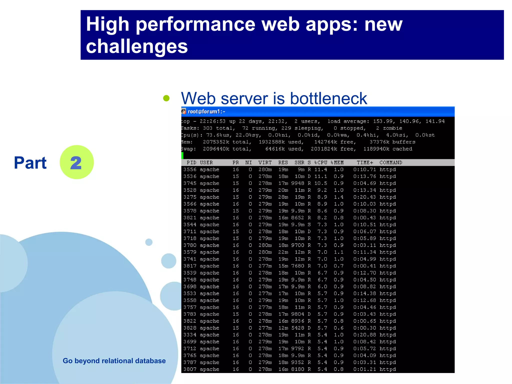 High performance web apps: new
             challenges

                                  •    Web server is bottleneck


Part     2




       Go beyond relational database
 