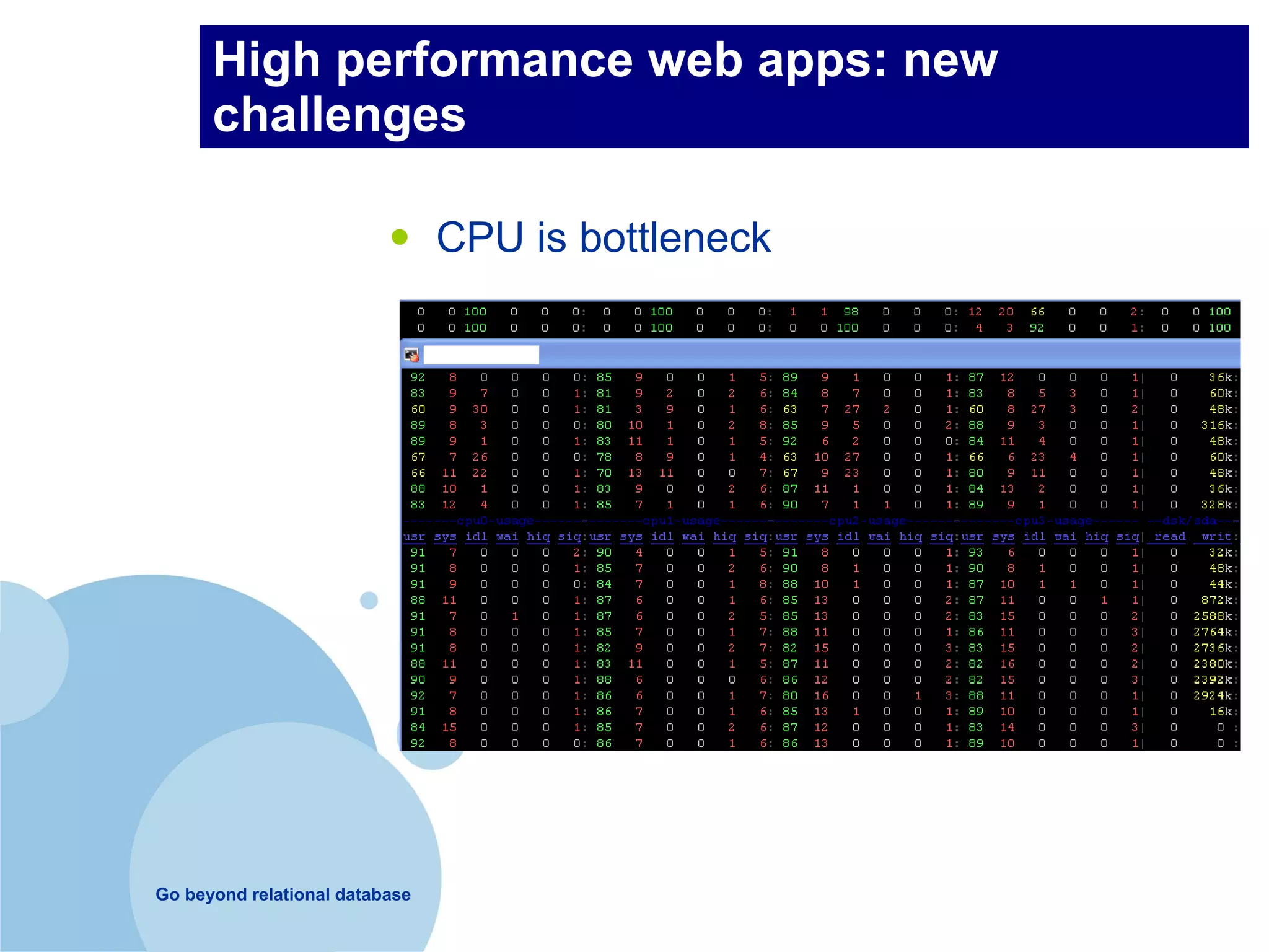 High performance web apps: new
      challenges

                          •     CPU is bottleneck




Go beyond relational database
 