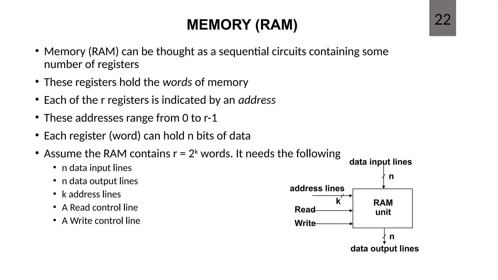 MEMORY (RAM)
• Memory (RAM) can be thought as a sequential circuits containing some
number of registers
• These registers hold the words of memory
• Each of the r registers is indicated by an address
• These addresses range from 0 to r-1
• Each register (word) can hold n bits of data
• Assume the RAM contains r = 2k
words. It needs the following
• n data input lines
• n data output lines
• k address lines
• A Read control line
• A Write control line
data input lines
data output lines
n
n
k
address lines
Read
Write
RAM
unit
22
 