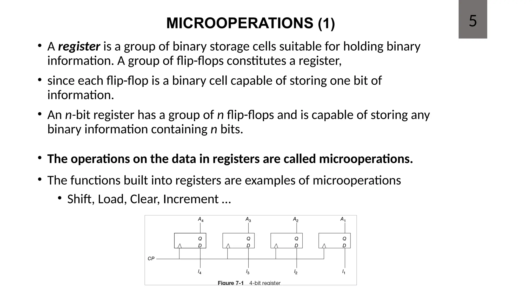 MICROOPERATIONS (1)
• A register is a group of binary storage cells suitable for holding binary
information. A group of flip-flops constitutes a register,
• since each flip-flop is a binary cell capable of storing one bit of
information.
• An n-bit register has a group of n flip-flops and is capable of storing any
binary information containing n bits.
• The operations on the data in registers are called microoperations.
• The functions built into registers are examples of microoperations
• Shift, Load, Clear, Increment …
5
 
