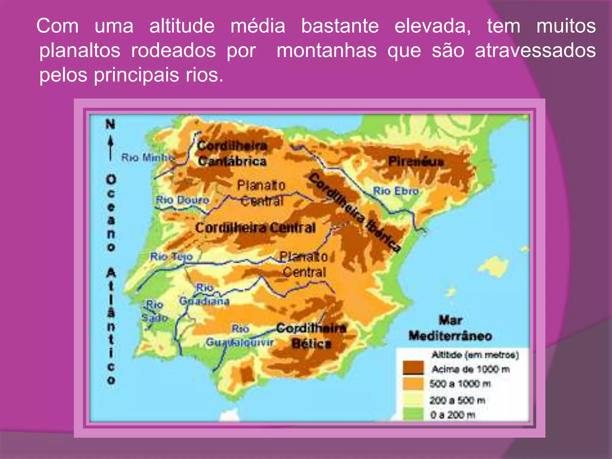 Com uma altitude média bastante elevada, tem muitos
planaltos rodeados por montanhas que são atravessados
pelos principais rios.
